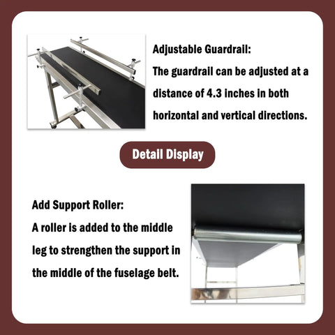 Detailed view of 177 Inch PVC Flat Conveyor Workhorse with Adjustable Guardrails and Support Roller, Heavy-Duty Frame