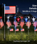 Diagram of Outdoor Patriotic LED Flag Lights Kit, 9-Pack Solar American Flag Lights with size and color details.