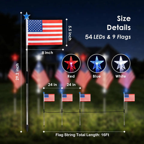 Diagram of Outdoor Patriotic LED Flag Lights Kit, 9-Pack Solar American Flag Lights with size and color details.