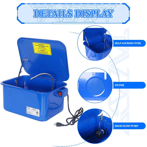 Heavy Duty Workhorse Portable Parts Washer With 110V Motor Pump And 3.5 Gallon Stainless Steel Tank showing filter and high flow pump.