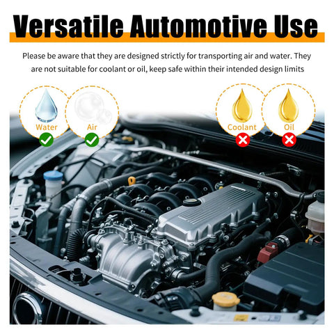 Heavy Duty 6Pc Vacuum Hose Kit With Cutter! Get These Multi Size Silicone Lines For Car Air And Water Transport. Perfect Swap Out For Engine Cooling Or Rads Without Breaking A Sweat. Universal Fit For All Standard Rides, Keeping Your Ride Running Smooth. engine bay graphic showing air and water use only, not coolant or oil