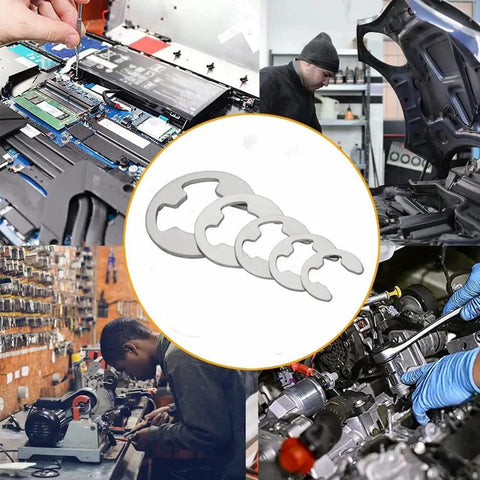 Collage showing usage of 120Piece Metal E Clip Assortment Kit With Durable E Retaining Rings In Sizes From 1.5Mm To 10Mm in various repairs