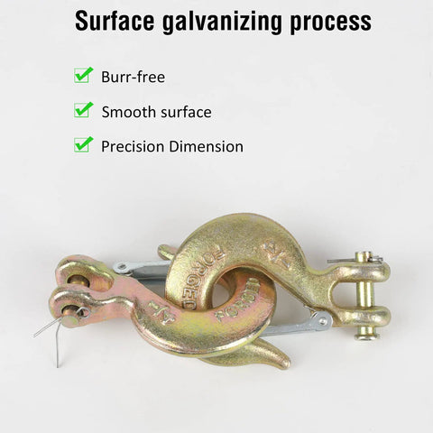 4 Pack 1/4 Inch G70 Forged Steel Clevis Slip Hook With Spring Safety Latch showing smooth galvanized surface detail.