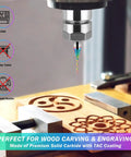 One Sixteenth Inch Downcut CNC Router Bit With Quarter Inch Shank in CNC machine carving intricate designs in wood with TAC Coating