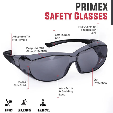 PrimeX Anti Fog Safety Glasses For Over Eyeglasses With Side Shields ANSI Z87.1 UV Protection Wraparound Design black frame