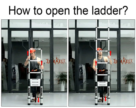Person demonstrating how to extend Aluminum Telescoping Extension Ladder 16.5 Feet Portable Multi Purpose Indoor Outdoor Ladder