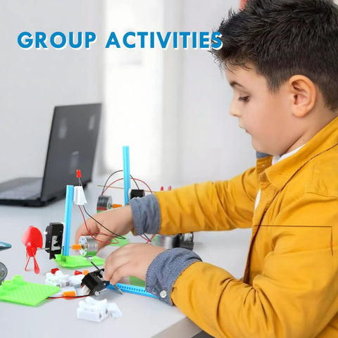 Child engaging with Hands-On STEM Generator Kit Set For Kids, DC Motor Science Experiments, at a desk for group activities.