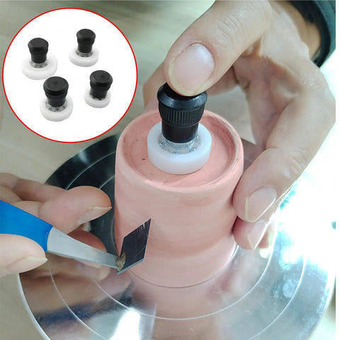 Pottery trimming using Four Size Ceramic Clay Rotary Tool Set with centering aid on clay surface, showing 2.8 cm tool head.