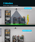 Motion Sensor Garage Light 80W 8000LM Deformable LED Shop Light installed in room with sensor and always-on modes displayed.