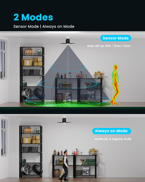 Motion Sensor Garage Light 80W 8000LM Deformable LED Shop Light installed in room with sensor and always-on modes displayed.