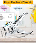 Eyelet hole punch pliers kit with three sixteenth inch grommet tool and dimensions display in a workshop setting