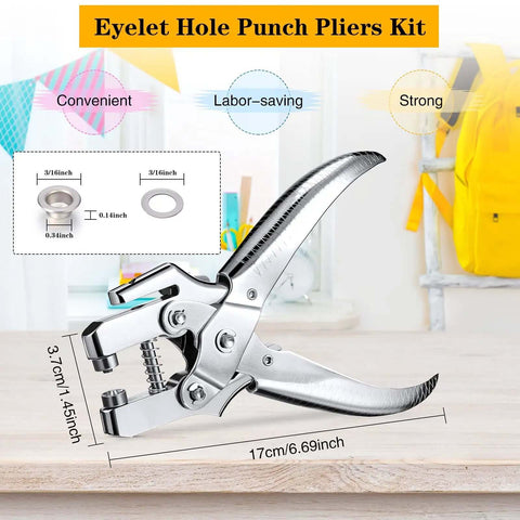 Eyelet hole punch pliers kit with three sixteenth inch grommet tool and dimensions display in a workshop setting