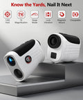 White compact Lightweight Golf Rangefinder Slope Switch And Flag Lock Vibration, Rechargeable 7X Magnification, clear target 1200 yards.