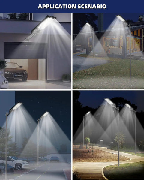 1500W Solar Street Light Outdoor Waterproof Dusk To Dawn Motion Sensor Flood Lights illuminating garage and street scenes