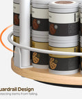 Three Tier Lazy Susan Rotating Spice Rack featuring guardrail design for stability, white natural wood, and 10.2-inch size.
