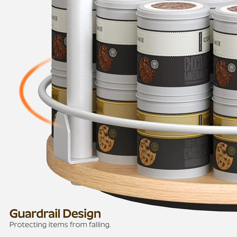 Three Tier Lazy Susan Rotating Spice Rack featuring guardrail design for stability, white natural wood, and 10.2-inch size.