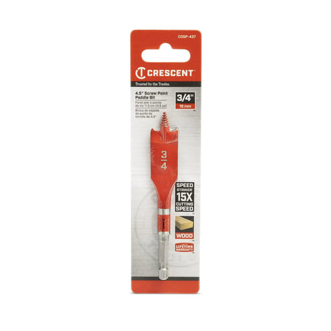 Speed Striker Screw Point Spade Drill Bit 4 Inch By Three Quarter Inch Fast Drilling With Contoured Paddle in packaging