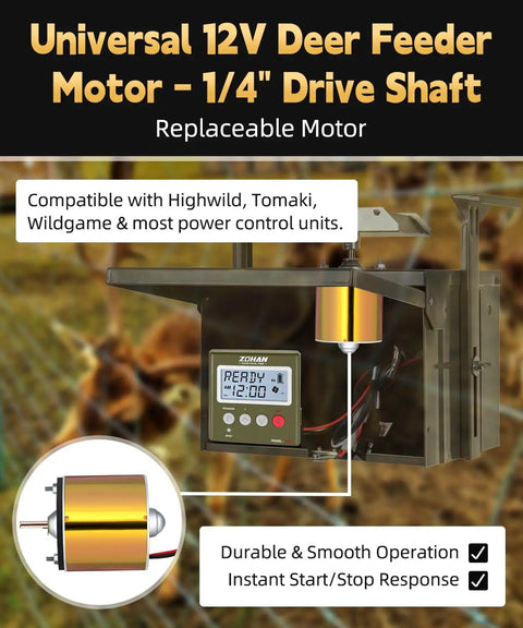 Zohan 12V Motor For Deer Feeder Replacement Heavy Duty Spinner With Smooth Start Stop S Plug Connector For Tomaki Wildgame Automatic Feeding Kit Reliable Drop In Universal Fit For Hunting Gear