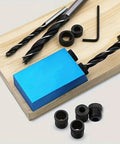 Joint Angle Tool And Pocket Hole Jig Set For Pro Level Carpentry, blue fixture with drill bits on wood surface
