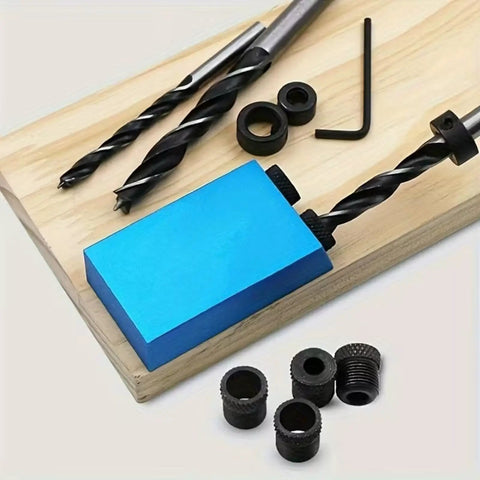 Joint Angle Tool And Pocket Hole Jig Set For Pro Level Carpentry, blue fixture with drill bits on wood surface