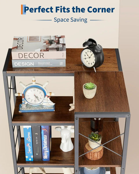Tall Corner Bookshelf With Fourteen Shelves And Seven Tiers, Space Saving Corner Bookcase with decor and books on top shelves.