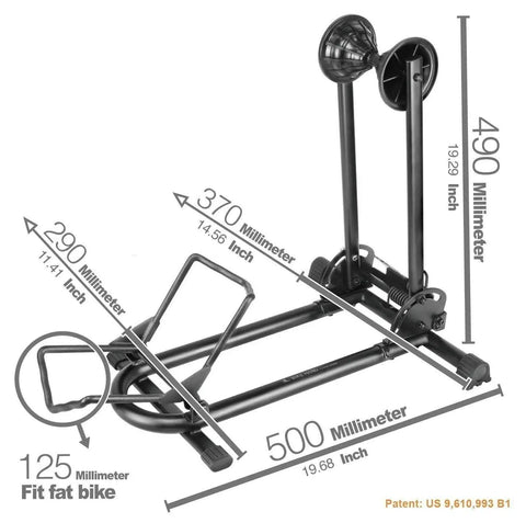No Fuss Bike Floor Parking Rack Stand For Mountain Road And Fat Bikes Up To Five Inch Tires Indoor Outdoor Garage Storage Quick Push In Design, dimensions diagram