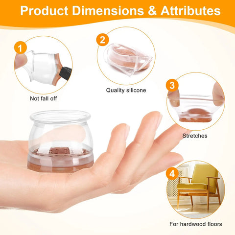Straight Up Heavy Duty Chair Leg Protectors For Hardwood Floors, Silicone Felt Caps And Grips, Knock Scratch And Scrape Problems Cold, Smooth Operator Furniture Slides Universal Large 36 Pack silicone protector displayed in hand.