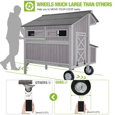 Portable Wooden Chicken Coop On Wheels For Backyard Flock Of 6 With 3 Perches And 3 Nesting Boxes, Spacious 11.5 Sq Ft Living Area