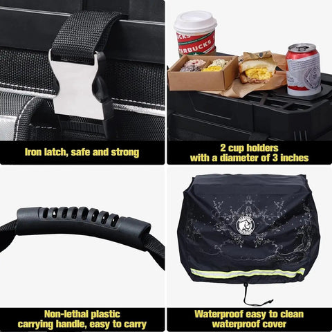 Close-up details of 18 Inch Rolling Tool Bag With Built In Bags Organizer Pockets Black Heavy Duty Toolbox On Wheels, showing latch, cup holders, handle, and cover.