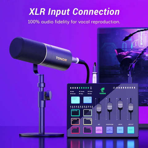 All In One Gaming Studio Audio Kit Pro USB Mixer With RGB Lights XLR Dynamic Microphone on stand with control panel