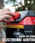 Close-up of indoor safe portable radiant space heater with 11000 BTU output showing easy-to-use electronic ignition.