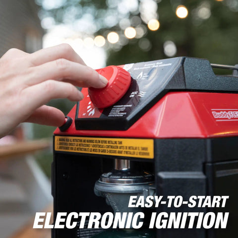 Close-up of indoor safe portable radiant space heater with 11000 BTU output showing easy-to-use electronic ignition.