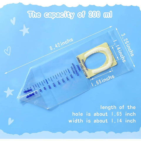 20 Pack Disposable Urine Bags For Kids With Adhesive Surface showing measurement scale and dimensions on blue background