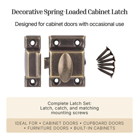 Old-School Vintage Brass Cabinet Door Latch Set With Spring-Loaded Cupboard Latch And Oval Turn, 1 7/8 Inch, with screws
