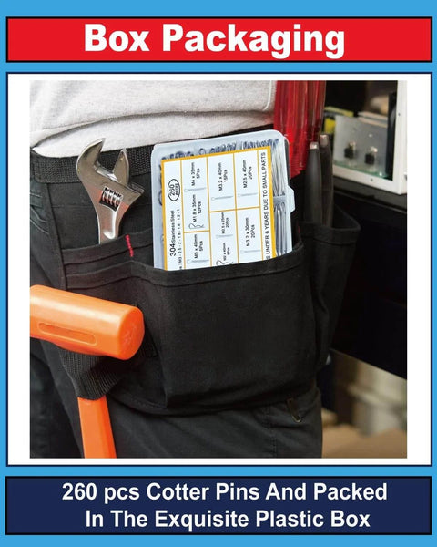 All In One 260 Piece Cotter Pins Kit With 16 Sizes Premium 304 Stainless Steel Hardware Pins Set carried in tool pouch