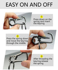 Steps showing how to use Built Tough Metal Keychain Clip With Key Rings And D Ring, Zinc Alloy Matte Finish, Rust Resistant, Non Slip Grip