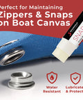 Snap Stick Zipper And Snap Lubricant for Easy Zippers And Snaps, White Quick Glide Formula Keeps Gear Moving, No More Sticks, Easy Apply On Bags, Jackets, Outdoor Gear And Boats on blue canvas snap