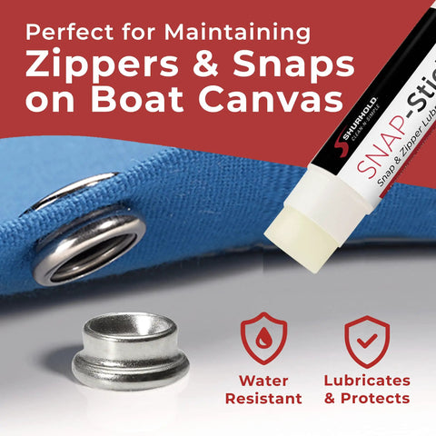 Snap Stick Zipper And Snap Lubricant for Easy Zippers And Snaps, White Quick Glide Formula Keeps Gear Moving, No More Sticks, Easy Apply On Bags, Jackets, Outdoor Gear And Boats on blue canvas snap
