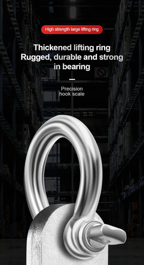 Thickened lifting ring for Digital Crane Scale With 3300 Lbs Capacity Heavy Duty Weighing Tool robust design in warehouse setting.