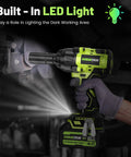 Heavy Duty Cordless Impact Wrench Delivers 1000 Nm Torque And 738 ft-lbs, highlighted LED light, ergonomic grip for visibility.