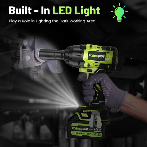 Heavy Duty Cordless Impact Wrench Delivers 1000 Nm Torque And 738 ft-lbs, highlighted LED light, ergonomic grip for visibility.