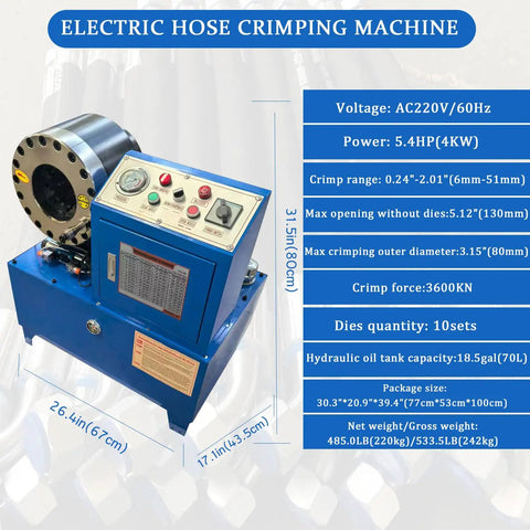Pro Shop Workhorse Electric Hose Crimper Equipped With High Pressure Hydraulic Tube Press For Heavy Duty Pipe Jobs On Shop Floor With Tough Jaw Set. Detailed specifications and dimensions included.