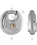 Five Pack Disc Padlocks Keyed Alike, Two And Three Quarters Inch Wide Stainless Steel 304 Round Locks with Brass Keys.