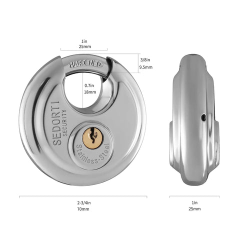 Five Pack Disc Padlocks Keyed Alike, Two And Three Quarters Inch Wide Stainless Steel 304 Round Locks with Brass Keys.