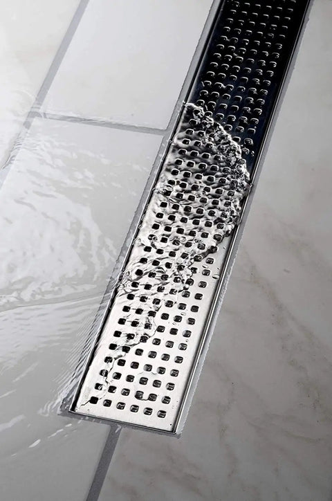 36 Inch Stainless Steel Linear Shower Drain With Square Grate, water flowing over corrosion resistant 304 grade surface