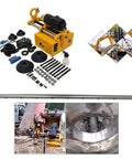Portable line boring machine kit with yellow motor unit and 4.9 ft boring bar; includes accessories, with inset of installed rig and bore hole.