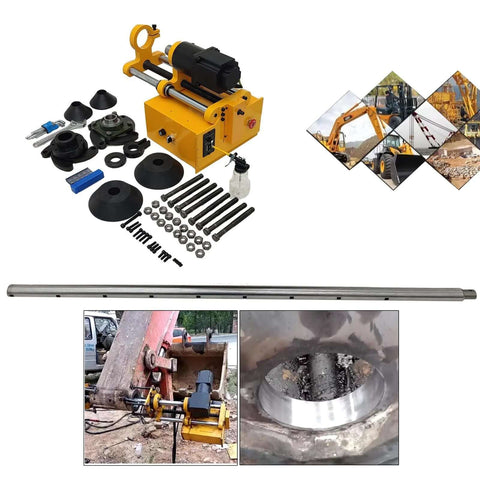Portable line boring machine kit with yellow motor unit and 4.9 ft boring bar; includes accessories, with inset of installed rig and bore hole.