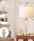 Gold Finish Table Lamp Set Of 2 With Night Lights And USB Ports, Modern Bedside Lamp with White Lampshade and Dual USB Charging