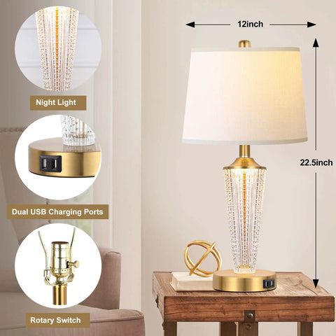 Gold Finish Table Lamp Set Of 2 With Night Lights And USB Ports, Modern Bedside Lamp with White Lampshade and Dual USB Charging