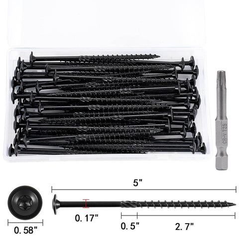 Heavy Duty 14 By 5 Lag Screws For Exterior Wood Decks And Timber, 50 Piece Set in box with Torx T30 bit and dimensions shown